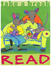 Mouse family reading on couch