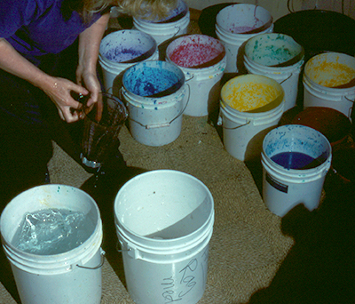 Five gallon buckets full of colorful pulp.